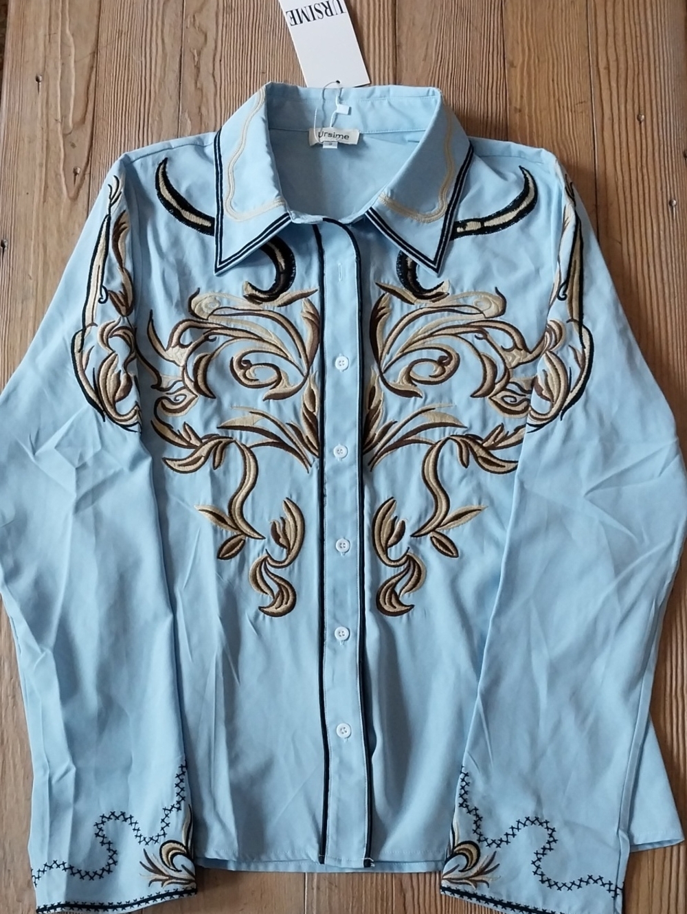 Ursime Light Blue Embroidered Western-Style Blouse